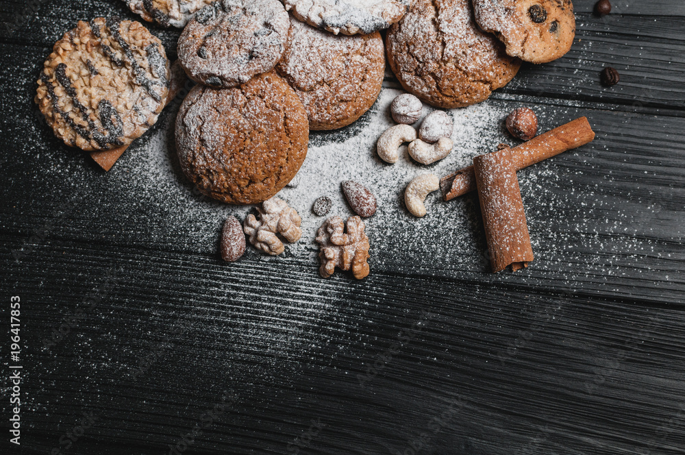 Homemade cookies dessert. Chocolate chip, oatmeal raisin, dough and nuts. Copy text menu food background. Homemade cookies dessert. Chocolate chip, oatmeal raisin, dough and nuts. Copy text menu food background.