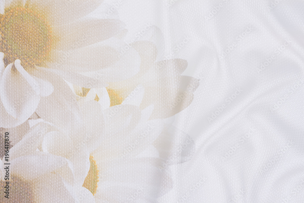 White crumpled wrinkled fabric with waves and large white flowers, daisies, background crumpled tissue, double exposure photo