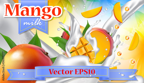 Vector ads 3d promotion banner, Realistic mango fruit splashing with falling slices, milk drops, vitamins, leaves. Mock up for yogurt, ice cream, milk dairy brand advertising.