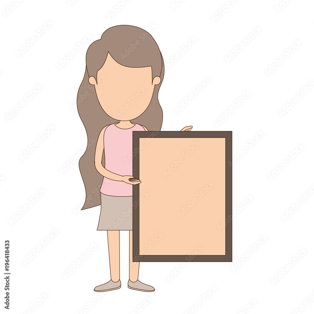 light color caricature faceless full body woman holding a square poster vector illustration light color caricature faceless full body woman holding a square poster vector illustration