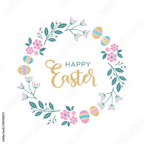 Easter wreath with Easter eggs, flowers, leaves and branches on white background. Decorative frame with gold elements. Unique design for your greeting cards, banners, flyers. Vector in modern style.