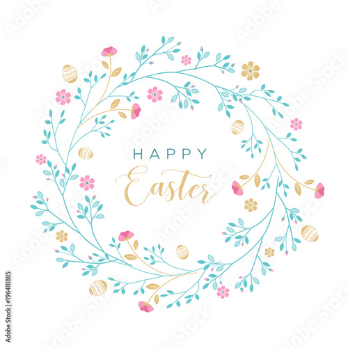 Easter wreath with Easter eggs, flowers, leaves and branches on white background. Decorative frame with gold elements. Unique design for your greeting cards, banners, flyers. Vector in modern style.