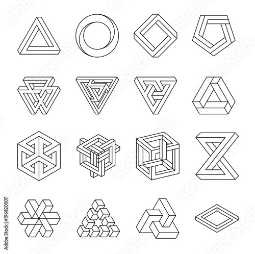 Set of impossible shapes. Optical Illusion. Vector Illustration isolated on white. Sacred geometry. Black lines on a white background