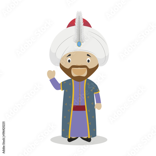 Sultan Mehmed II (The Conqueror) cartoon character. Vector Illustration. Kids History Collection.
