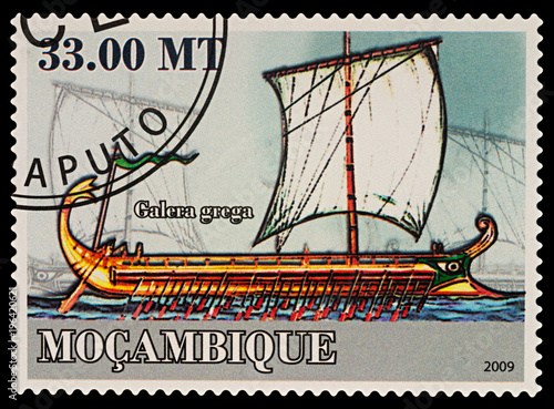Ancient Greek galley on postage stamp