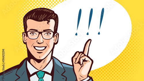 Successful businessman or student with index finger. Attention, business concept. Pop art retro comic style. Cartoon vector illustration