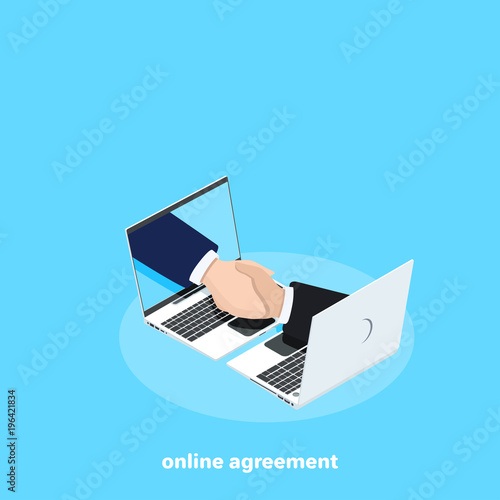 business handshake and laptops, online agreement, isometric image