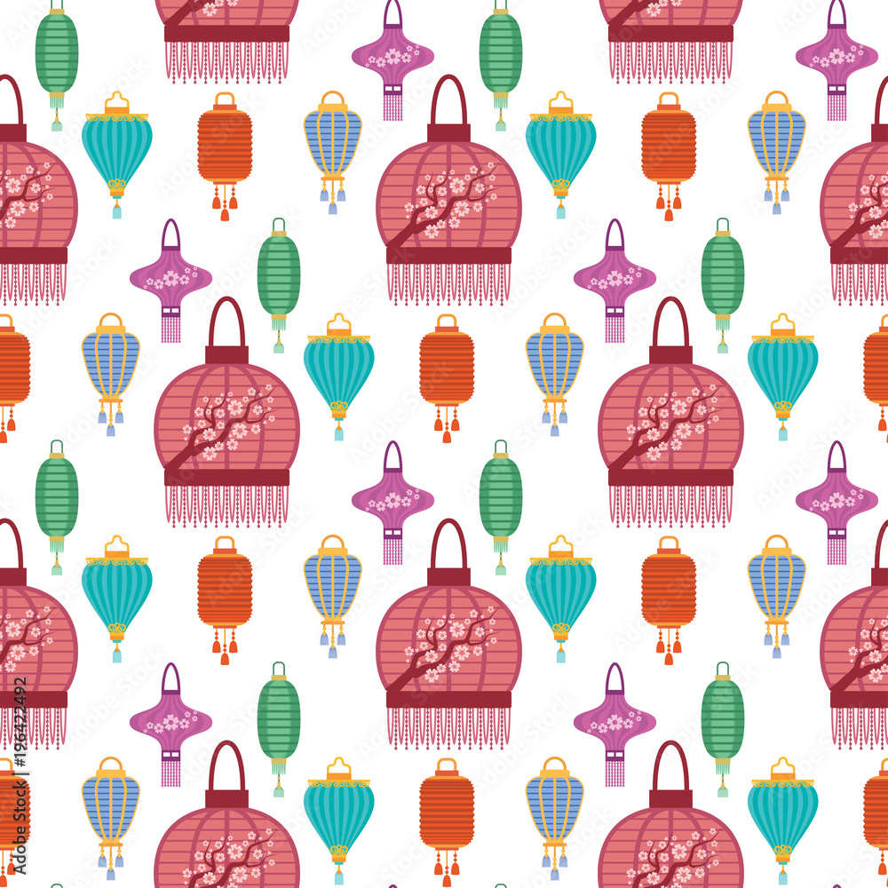 Fototapeta premium Chinese lantern light paper holiday celebrate asian graphic celebration lamp seamless pattern background vector illustration.