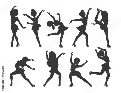 Figure ice skater vector cartoon trick figure women beauty sport girls doing exercise and tricks jumping ice skater characters dancer figurist skates girls performance illustration