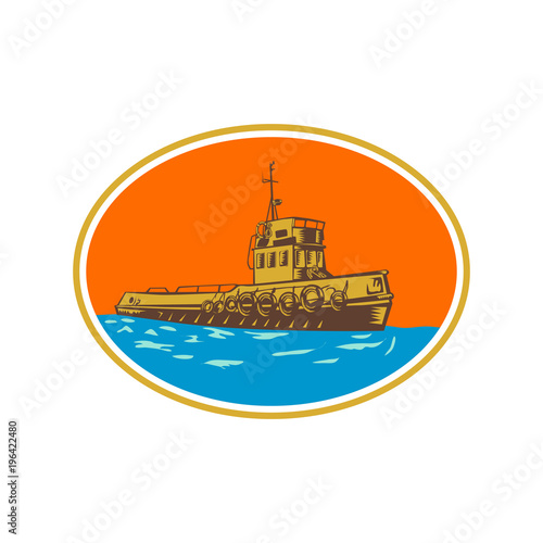 Retro woodcut style illustration of tug, tugboat or towboat, a type of marine vessel that maneuvers other ship or boat by pushing pulling by direct contact or by tow line set inside oval shape.
