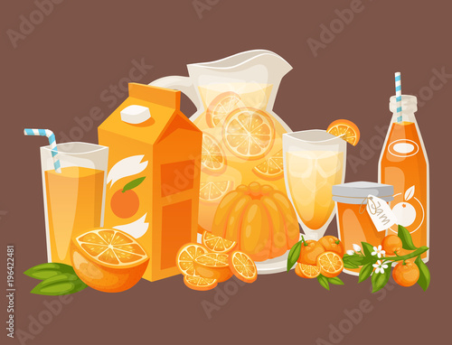 Oranges and orange products vector illustration natural citrus fruit vector juicy tropical dessert beauty organic juice healthy food.