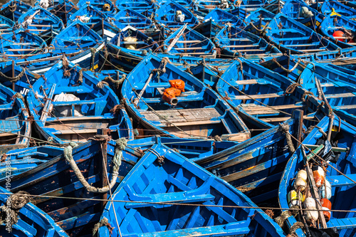 Lots of blue fishing boats in the port of Essaouira, Morocco