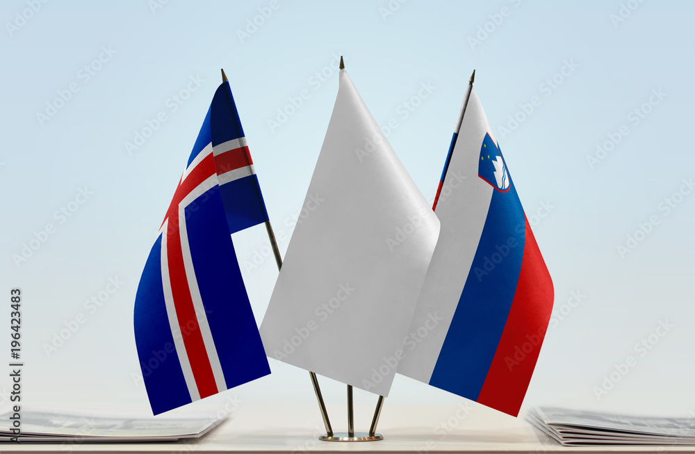 Flags of Iceland and Slovenia with a white flag in the middle
