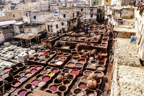 Tanneries of Fes, Morocco, Africa Old tanks of the Fez's tanneries with color paint for leather, Morocco, Africa