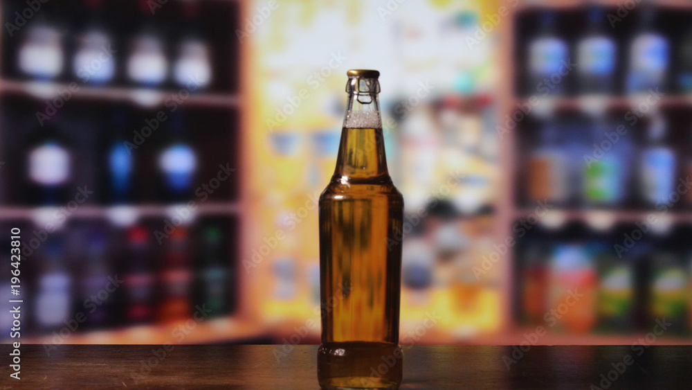 Bottles beer, bar counter.