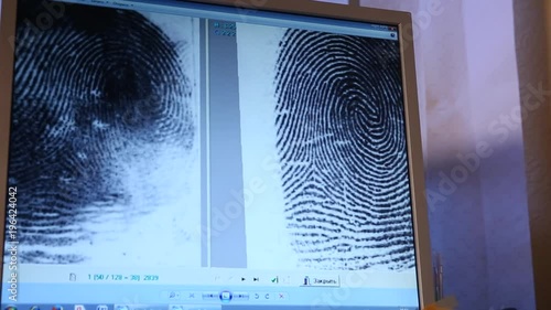 Woman expert look at fingerprint on computer screen photo