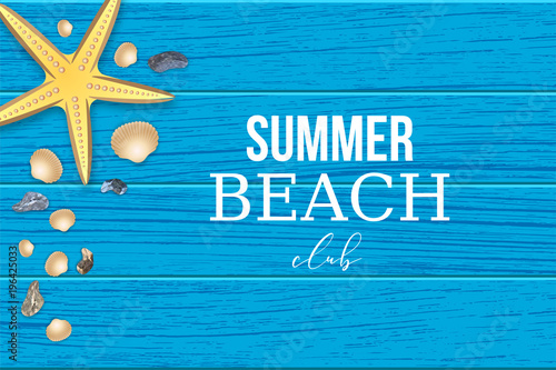 Summer beach club wooden banner. Realistic starfish seashell stone on wooden texture banner lifestyle sea travel vacation design. Blue minimalism template. Exotical vector object illustration.