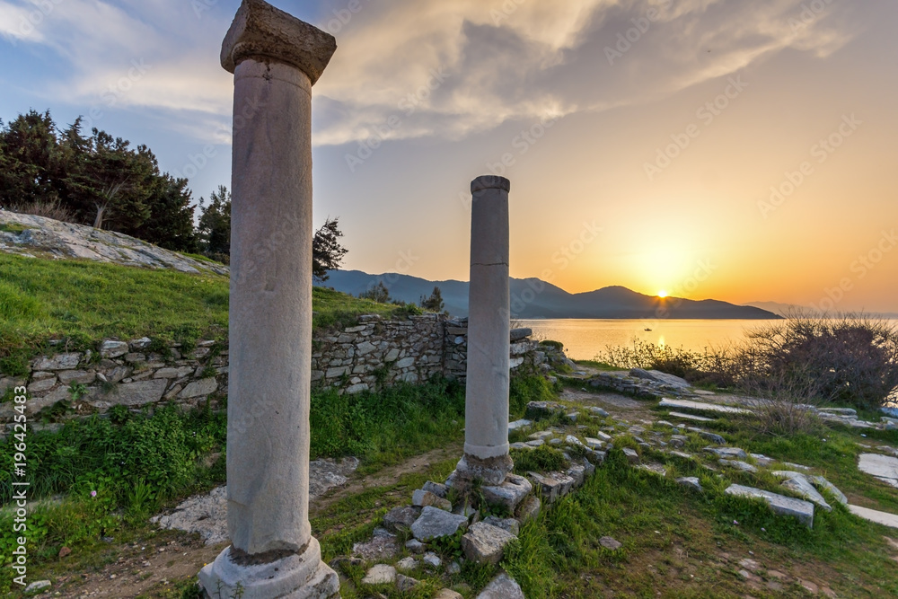 Amazing sunset on Evraiokastro Archaeological Site, Thassos town, East Macedonia and Thrace, Greece 