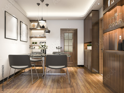 3d rendering luxury and modern living room near kitchen