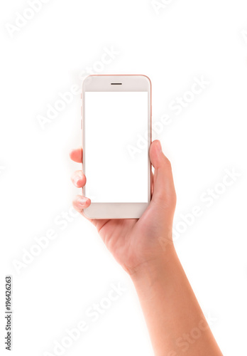 Woman hand holding smartphone isolated on white background.