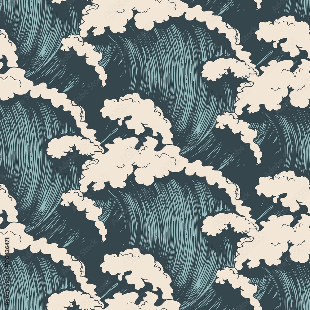 Fototapeta Ocean waves seamless pattern. Sea wave blue background, wind storm surf water hand drawn vector illustration