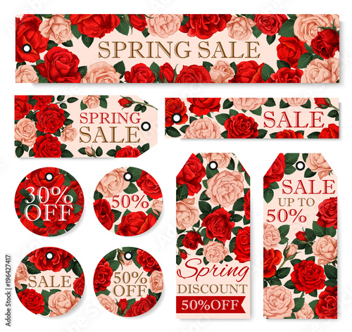 Spring season sale tag and label with rose flower