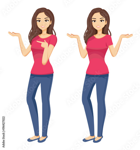 Women with posture to recommend a product or concept content.