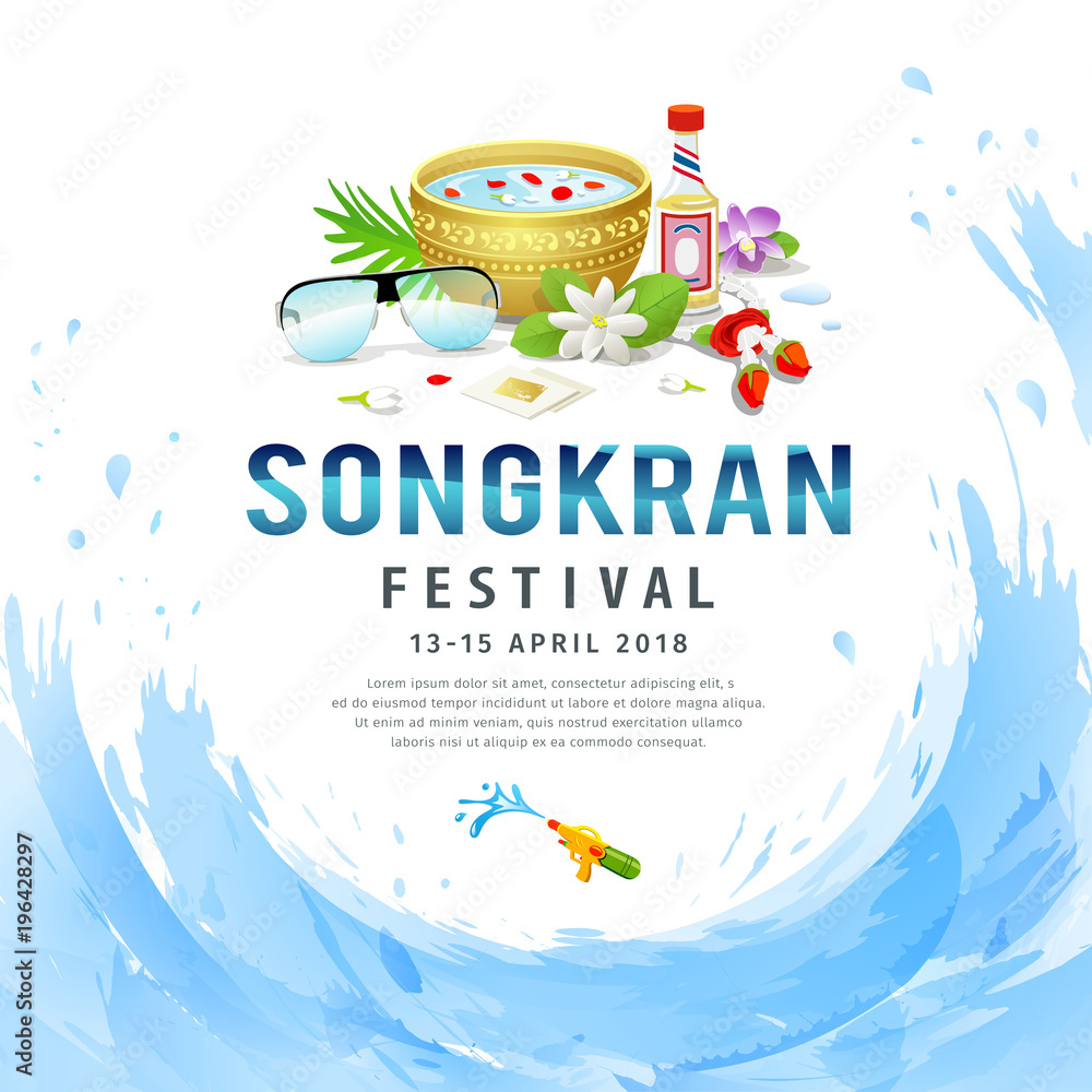 Fototapeta premium Amazing Songkran festival thailand design on water blue background, vector illustration