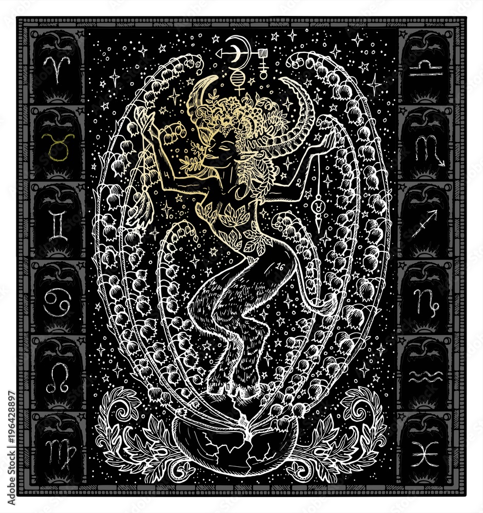 White silhouette of fantasy Zodiac sign Taurus in gothic frame on black. Hand drawn engraved illustration