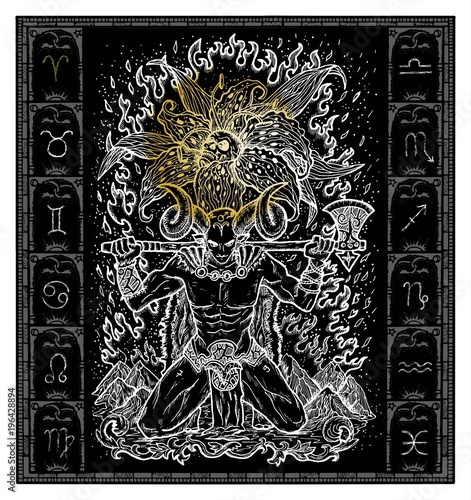 White silhouette of fantasy Zodiac sign Aries in gothic frame on black. Hand drawn engraved illustration