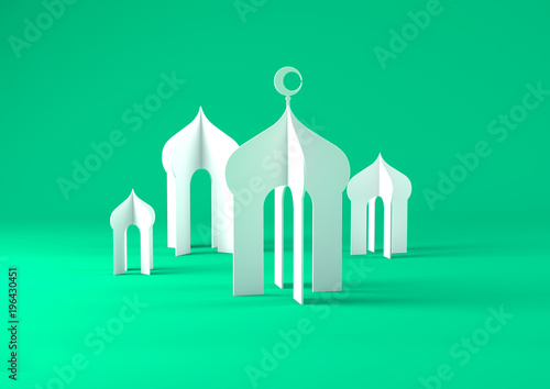 3d rendering paper art mosque illustration on green backfround