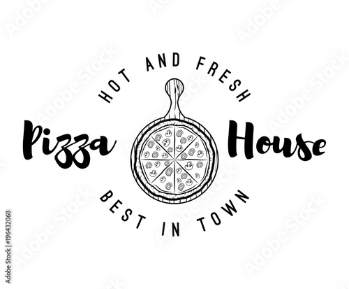 Pizza wooden peel label. Pizza stand. Vector Illustration. Pizza House logo.