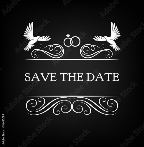 Wedding invitation. Save the date. pigeon, dove, ring. Vector illustration.