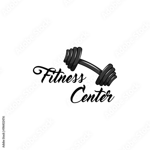 Dumbbell vector illustration. Fitness center text logo label.