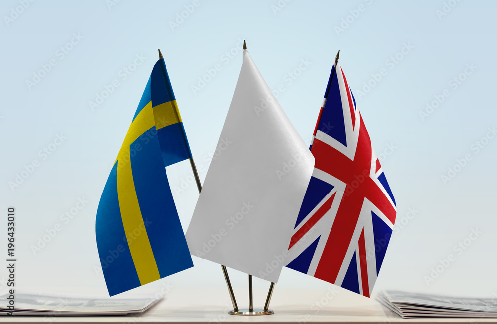 Flags of Sweden and Great Britain with a white flag in the middle