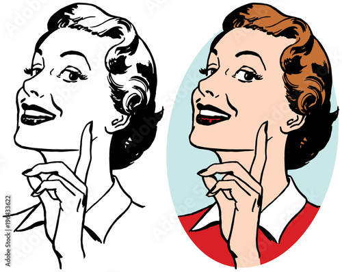 A smiling woman pointing upwards.