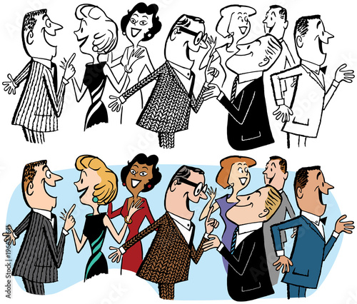 A group of people talking at a party. 