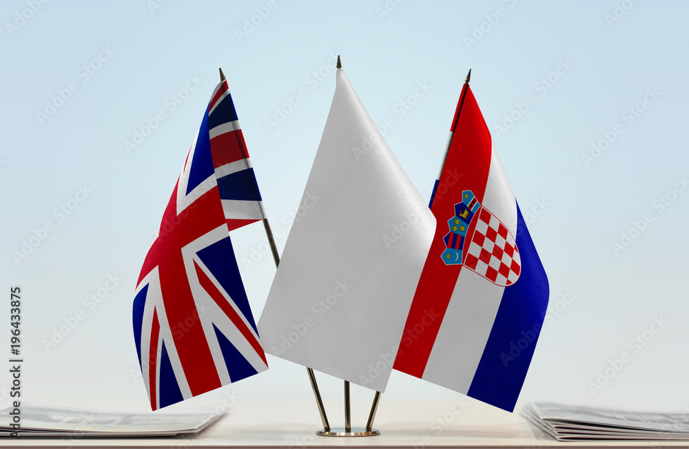 Flags of Great Britain and Croatia with a white flag in the middle