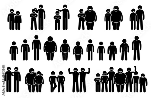 People and Man of Different Body Sizes and Heights Icons. Stick figures pictogram depict average, tall, short, fat, and thin body figures of human.