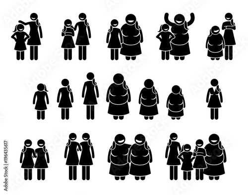 Woman and Girls of Different Body Sizes and Heights Icons. Stick figures pictogram depict average, tall, short, fat, and thin body figures of female human.