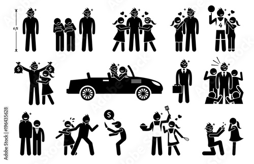 The Perfect Man, Boyfriend, and Husband. Stick figure depicts a tall, handsome, rich, successful, macho, and romantic man that is loved by woman, girlfriend, and wife.
