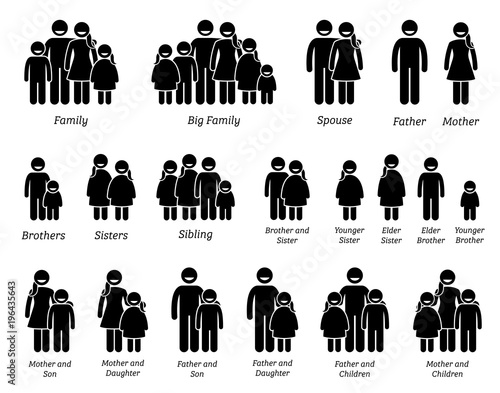 Family and People Icons. Stick figure pictograms depict a family with father, mother, children, brother, and sister standing together side by side.