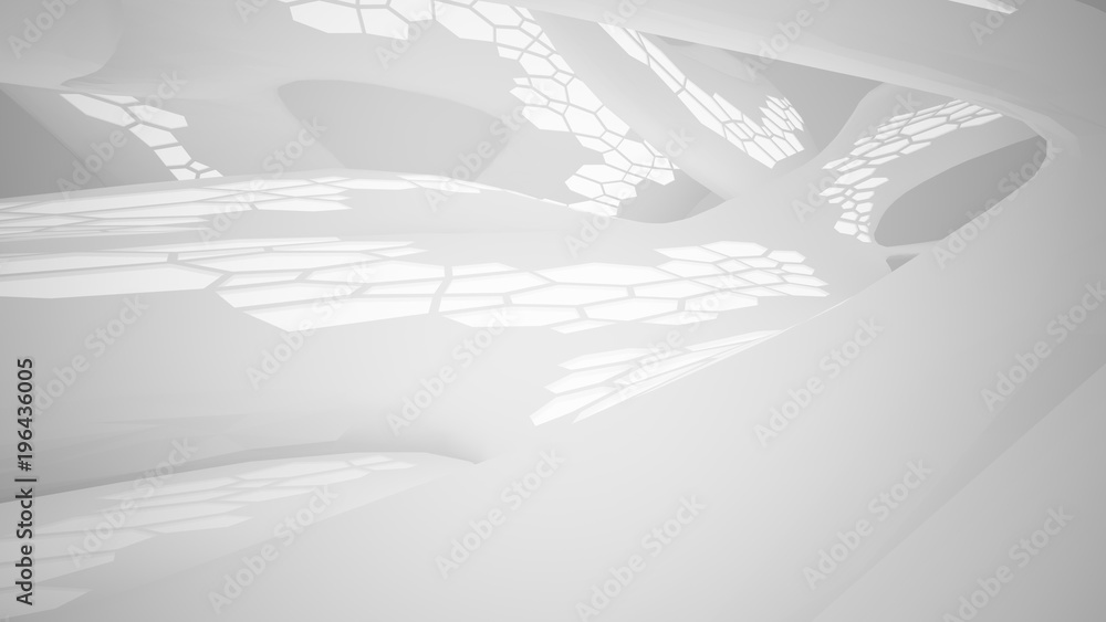 Fototapeta premium Abstract parametric white interior with neon lighting. 3D illustration and rendering.
