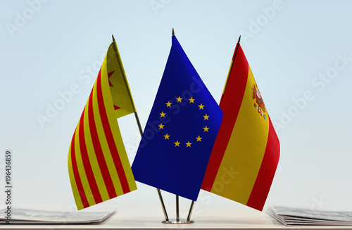 Flags of Catalan nationalism (Red estelada) European Union and Spain photo