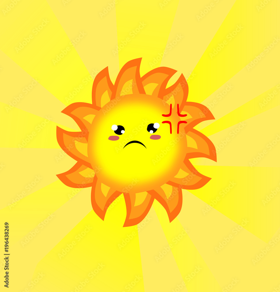 Angry  cute sun,cartoon style,Vector illustration.