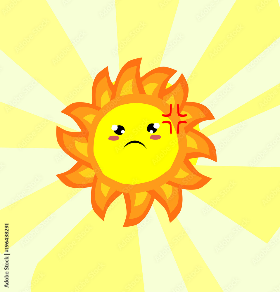 Angry  cute sun,cartoon style,Vector illustration.