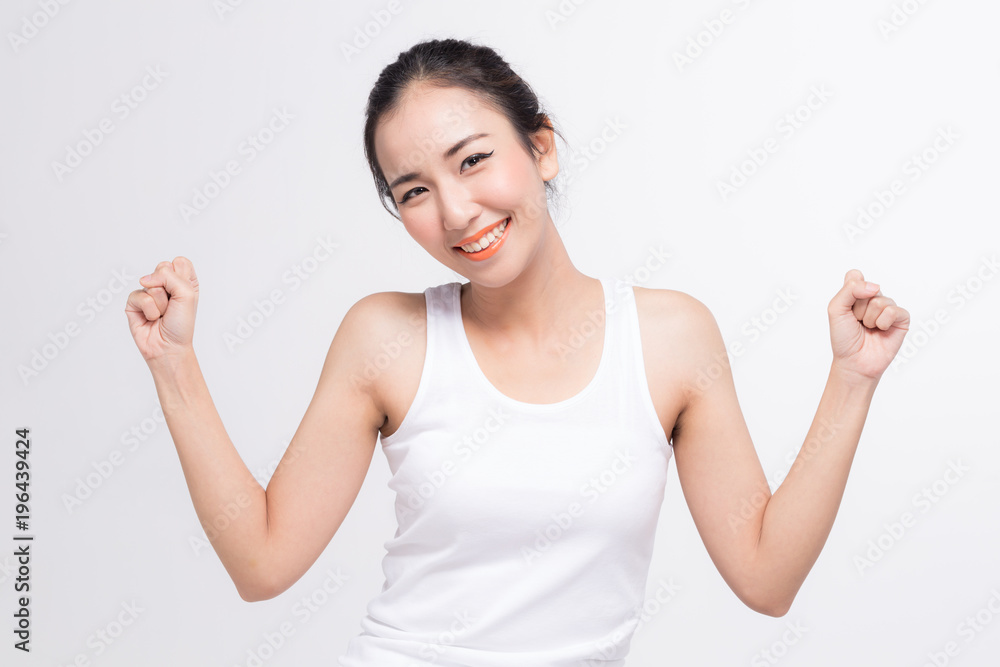 asian women hands sign strong and happy looking something in copy space asian women hands sign strong and happy looking something in copy space
