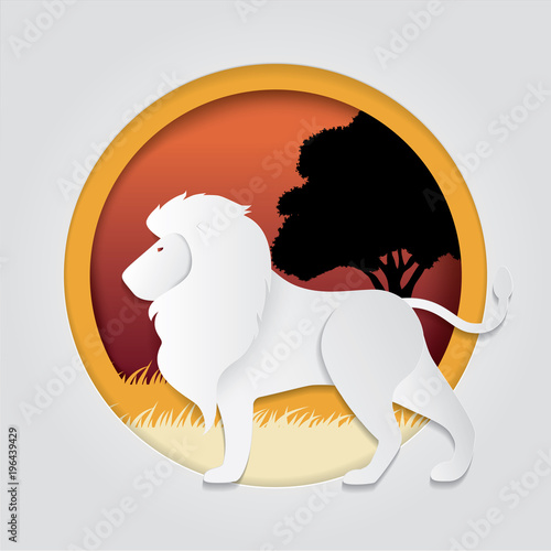 Fototapeta Naklejka Na Ścianę i Meble -  Lion in trendy paper cut craft graphic style.  Modern design for advertising, branding greeting card, cover, poster, banner. Vector illustration.
