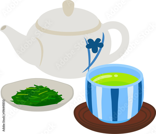 緑茶の茶葉と急須と湯呑み