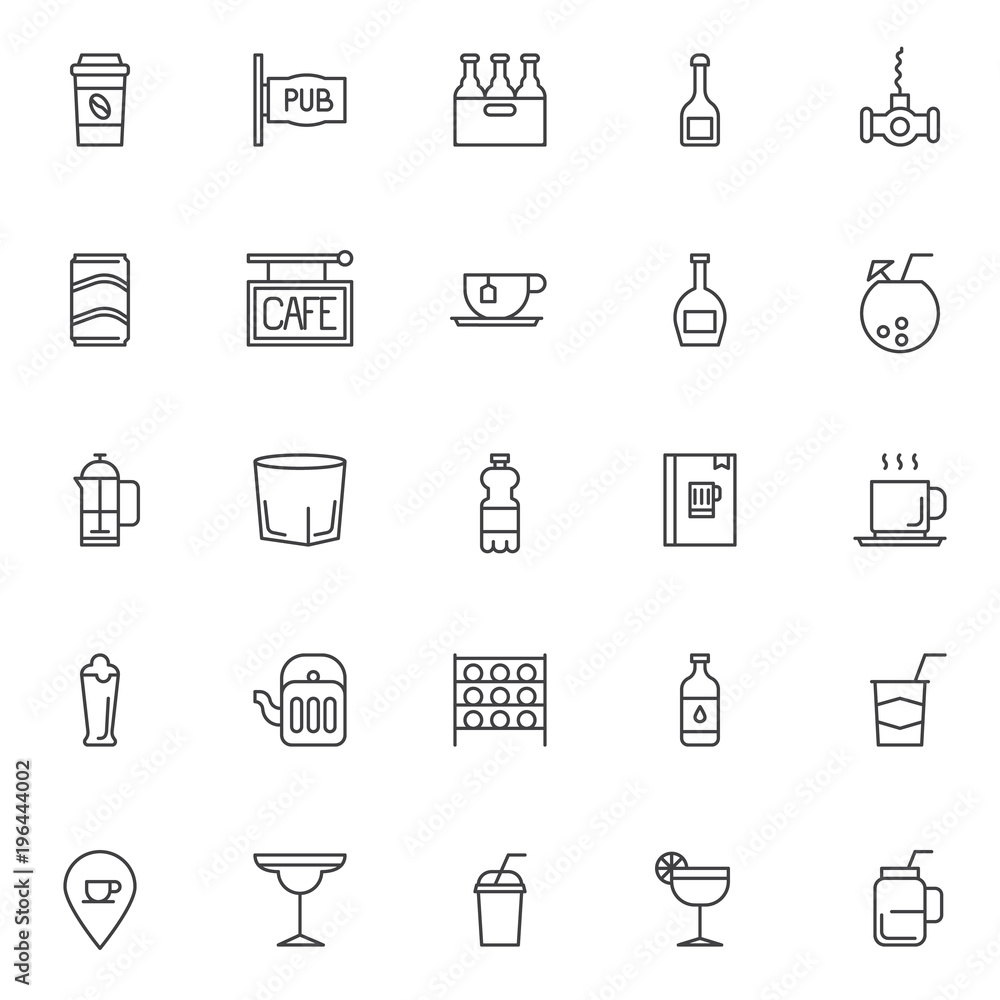 Drinks outline icons set. linear style symbols collection, line signs pack. vector graphics. Set includes icons as take away coffee, pub , beer case, champagne bottle, fresh cocktail, whiskey Drinks outline icons set. linear style symbols collection, line signs pack. vector graphics. Set includes icons as take away coffee, pub , beer case, champagne bottle, fresh cocktail, whiskey